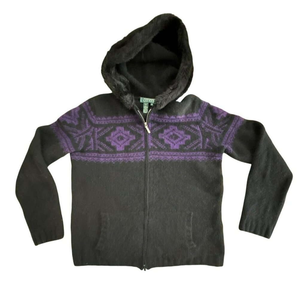 Ralph Lauren Wool Nordic Hooded Sweater Size Medium Rabbit Hair Black Purple Zip